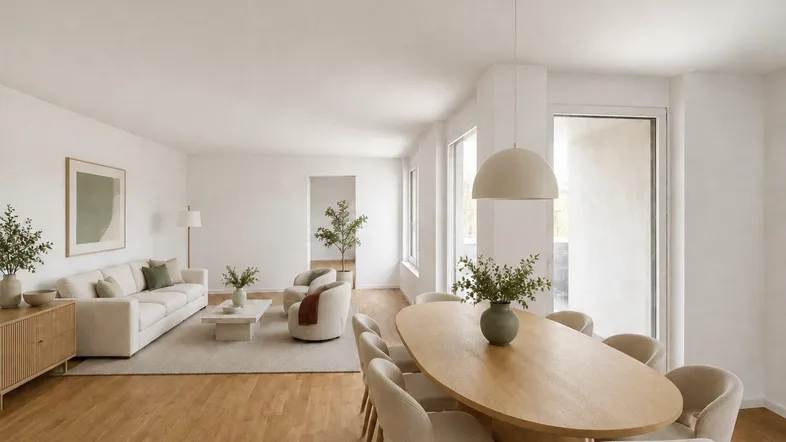 Helles, modern eingerichtetes Wohn-Esszimmer mit Holzboden und Zugang zu einem Außenbereich.