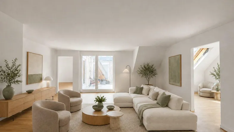 Helles, modern eingerichtetes Wohnzimmer mit beigem Sofa, Holzboden und Zugang zu einer Terrasse.