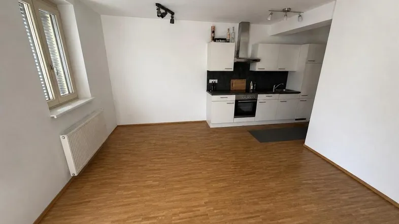 Heller offener Wohnbereich mit integrierter Küche, Parkettboden und Fenster mit Heizkörper.