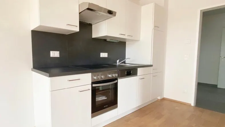 Moderne Einbauküche mit weißen Schränken, dunkler Arbeitsplatte und Holzboden.