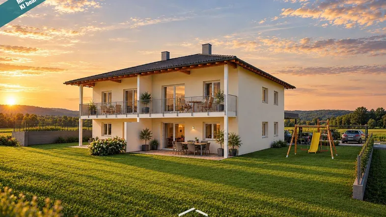 Modernes Einfamilienhaus mit Balkonen, großer Rasenfläche und Kinderspielplatz bei Sonnenuntergang.