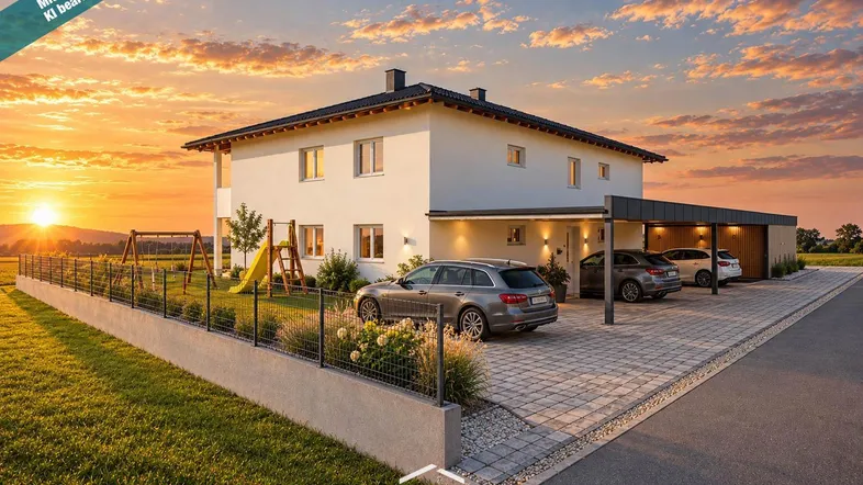 Modernes Einfamilienhaus mit Carport, Vorgarten und Kinderspielplatz bei Sonnenuntergang.