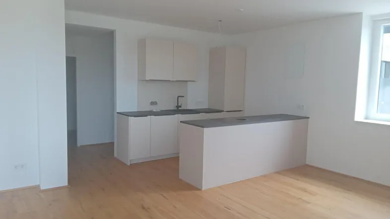 Helle, offene Küche mit moderner Küchenzeile, Kücheninsel und Parkettboden in einem Neubau.