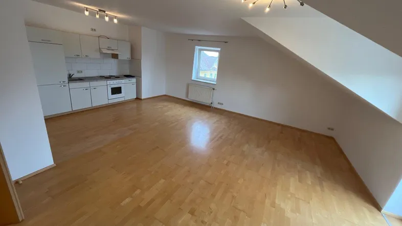 Heller offener Wohnbereich mit integrierter Küchenzeile, Holzfußboden und Dachschrägenfenster.