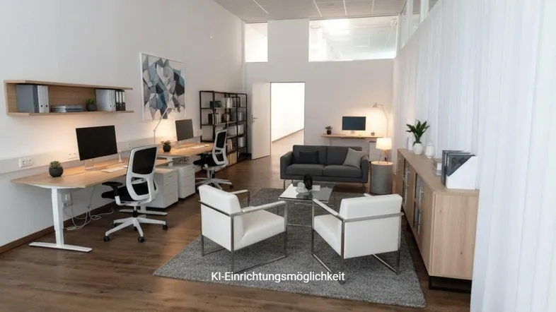 Modernes Büro mit mehreren Arbeitsplätzen und einem gemütlichen Loungebereich, hell und offen gestaltet.