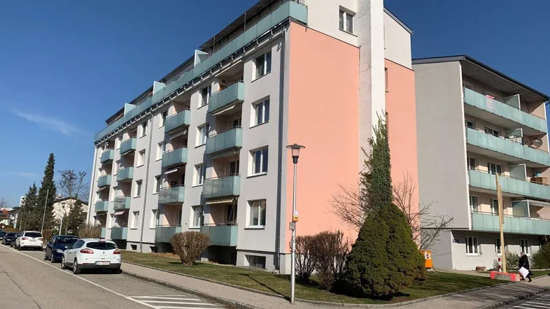 Mehrfamilienhaus mit rosa und hellgrauer Fassade sowie mehreren Balkonen in sonniger Lage.