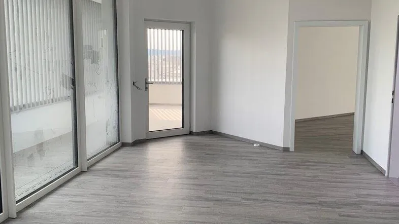 Heller, leerer Wohnraum mit modernem grauem Laminatboden und Zugang zu einem Balkon.
