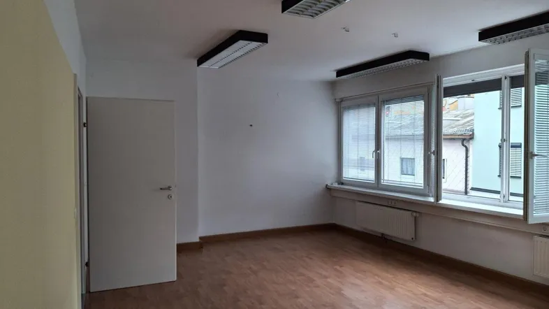 Leerer Büroraum mit Laminatboden, großen Fenstern und funktionaler Deckenbeleuchtung, bereit zur individuellen Gestaltung.