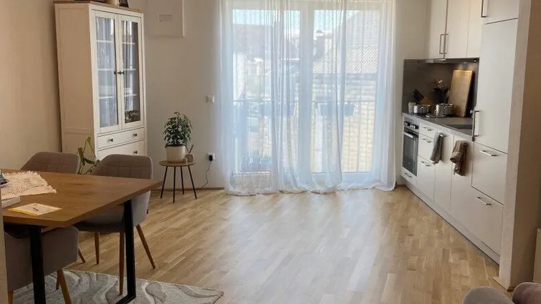 Heller offener Wohnbereich mit integrierter Küche, Essbereich und Zugang zum Balkon.