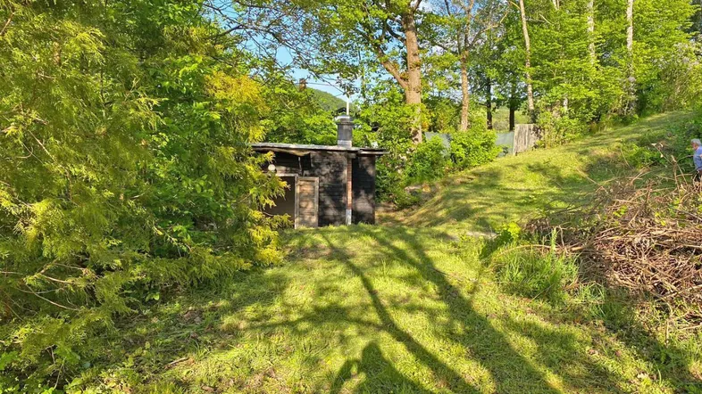 Kleiner, rustikaler Holzschuppen in einer grünen, bewaldeten Umgebung mit viel Vegetation.