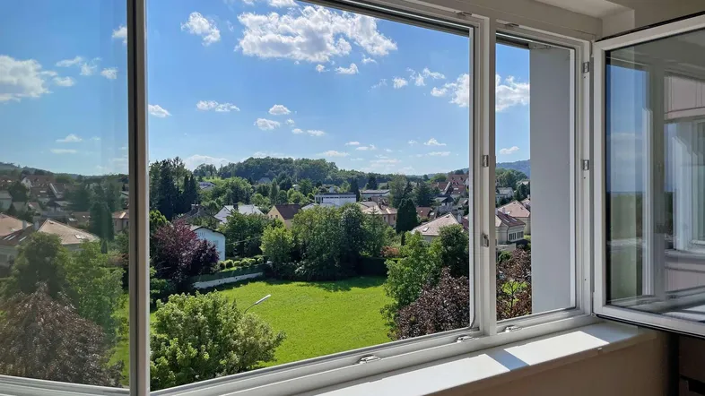 Blick aus einem Fenster auf eine grüne Landschaft mit Häusern und blauem Himmel.