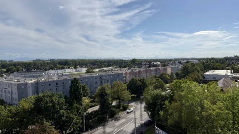 Weitläufiger Blick über eine städtische Straße mit Gebäuden und viel Grün unter blauem Himmel.