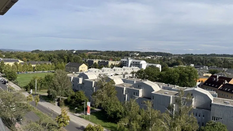 Weitläufiger Blick von oben über eine städtische Umgebung mit Gebäuden, Bäumen und einer Straße.