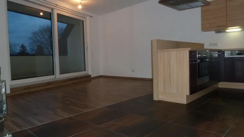 Offener Wohn- und Essbereich mit integrierter Küche, Kaminofen und Zugang zum Balkon.