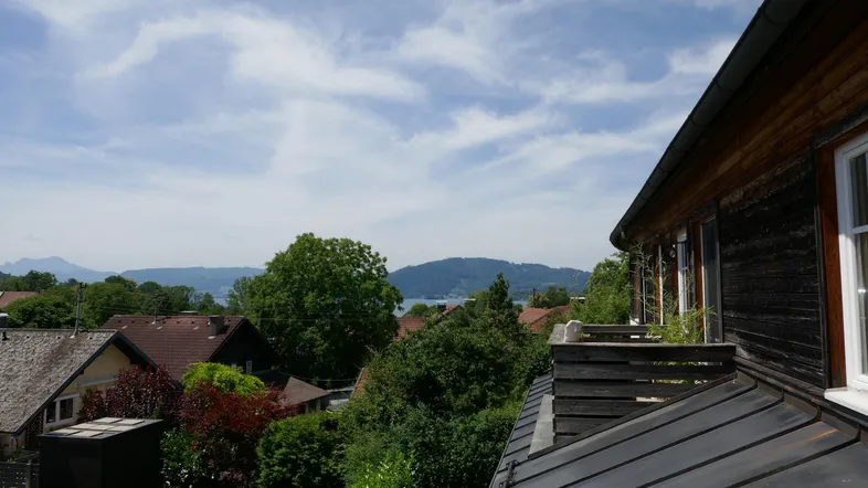 Panoramablick über Dächer, Bäume und einen See mit Bergen im Hintergrund unter blauem Himmel.