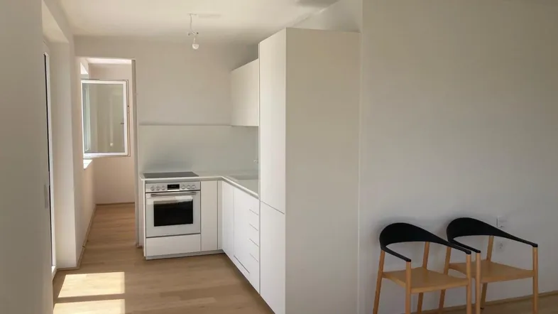 Helle, moderne Küchenzeile mit integrierten Geräten und Holzboden in einem offenen Wohnbereich.