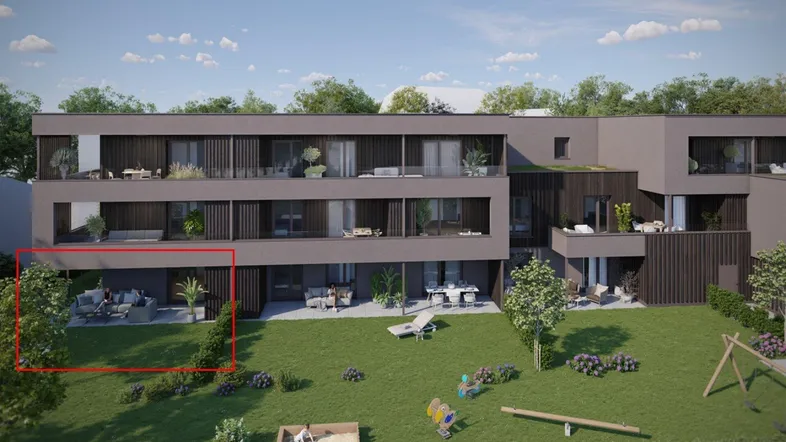 Visualisierung eines modernen Mehrfamilienhauses mit möblierten Terrassen und Gemeinschaftsgarten.