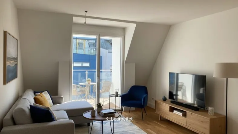 Helles Wohnzimmer mit Holzboden, gemütlichem Sofa und Zugang zu einem kleinen Balkon.