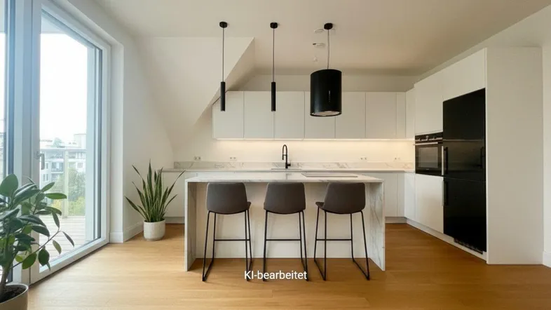 Helle, moderne Küche mit weißer Einrichtung, Kochinsel und großen Fenstern, die viel Licht hereinlassen.