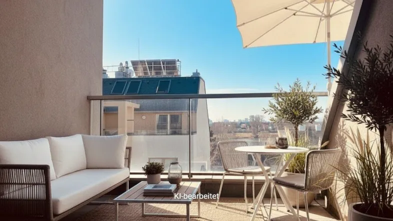 Sonniger Balkon mit bequemen Outdoor-Möbeln, Sonnenschirm und weitem Blick auf die Umgebung.