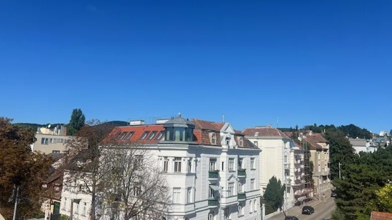 Panoramablick über die Dächer der Stadt mit umliegenden Gebäuden und viel Grün.