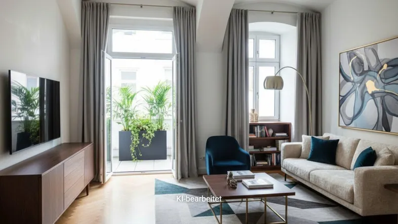Elegantes Wohnzimmer mit zeitgenössischer Einrichtung, Fischgrätparkett und Zugang zum Balkon.