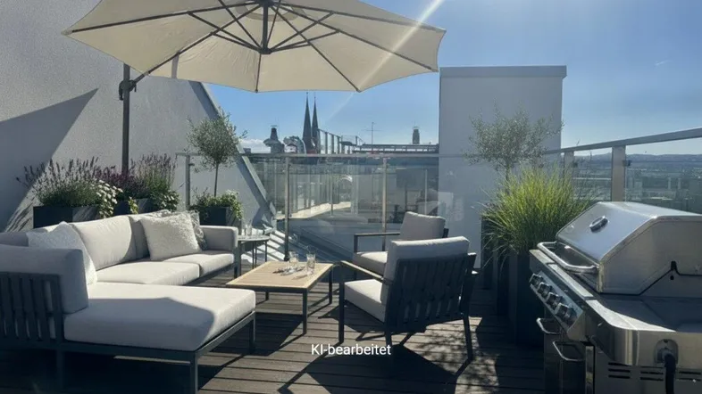 Geräumige Dachterrasse mit bequemen Loungemöbeln, Sonnenschirm und Grill für entspannte Stunden im Freien.