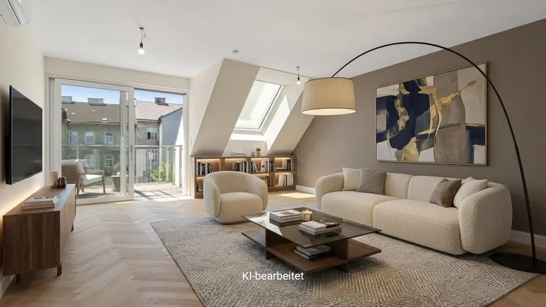 Modernes Wohnzimmer mit Dachschrägen, Parkettboden und Zugang zum Balkon.