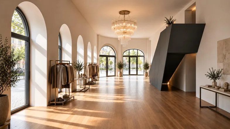 Geräumiger, heller Innenraum mit hohen Decken, Holzboden und einer eleganten Treppe, ideal als Showroom.