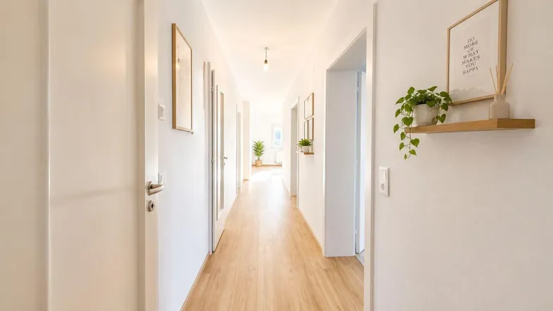 Heller Flur mit modernem Laminatboden und dekorativen Elementen an der Wand.