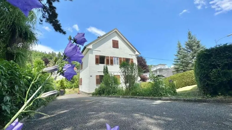 Charmantes weißes Haus mit braunen Fensterläden, umgeben von üppigem Grün und einem sonnigen Himmel.