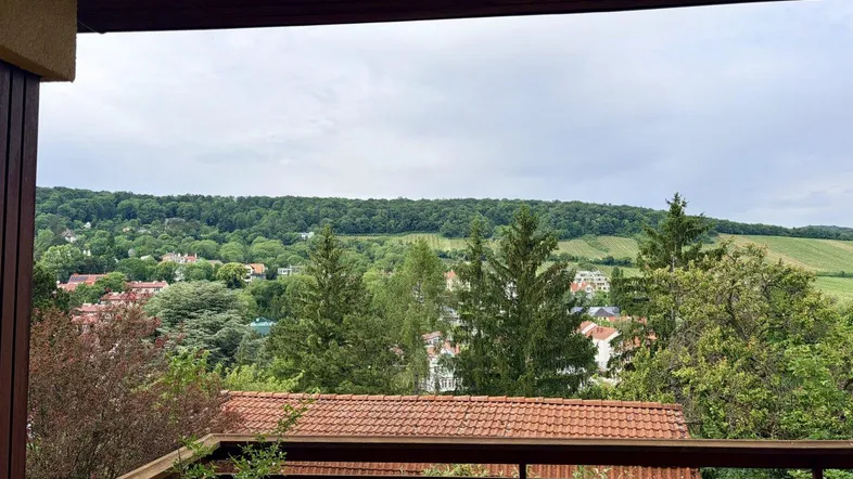 Panoramablick von einem Balkon über eine grüne Hügellandschaft mit Häusern und Weinbergen.