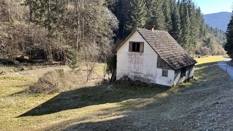 Altes, baufälliges Haus in ländlicher Umgebung, umgeben von Wald und Wiesen unter blauem Himmel.