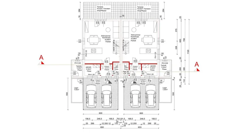 Grundriss des Erdgeschosses mit zwei Wohneinheiten, jeweils mit offenem Wohnbereich, Terrasse und Carport.