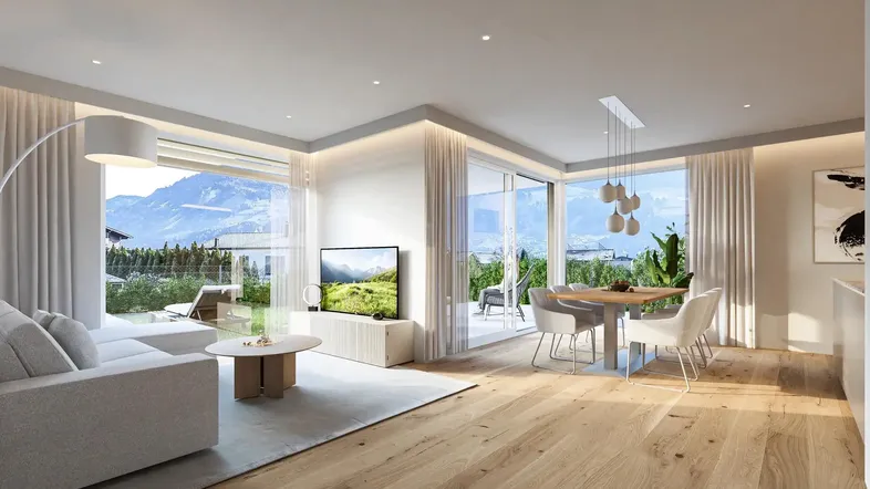 Helles, modernes Wohn-Esszimmer mit Holzboden, großen Fenstern und Bergblick.