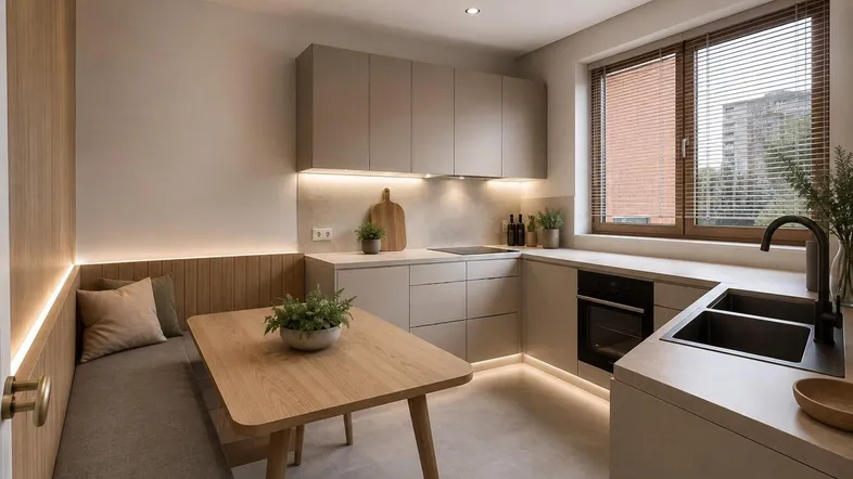Moderne Küche mit integrierter Sitzbank, Holztisch und indirekter Beleuchtung.