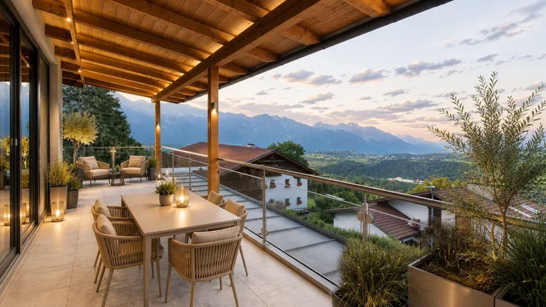 Geräumige überdachte Terrasse mit Essbereich, Lounge-Möbeln und atemberaubendem Bergblick bei Sonnenuntergang.