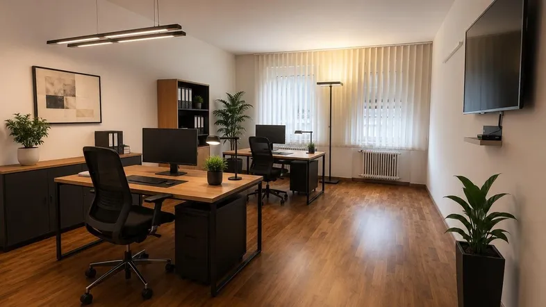 Modernes Büro mit mehreren Arbeitsplätzen, Holzfußboden und Wandfernseher, gut beleuchtet.