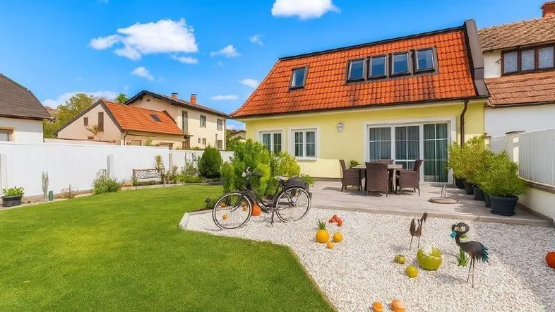 Gepflegter Garten mit Rasenfläche, Terrasse und einem charmanten Haus im Hintergrund.
