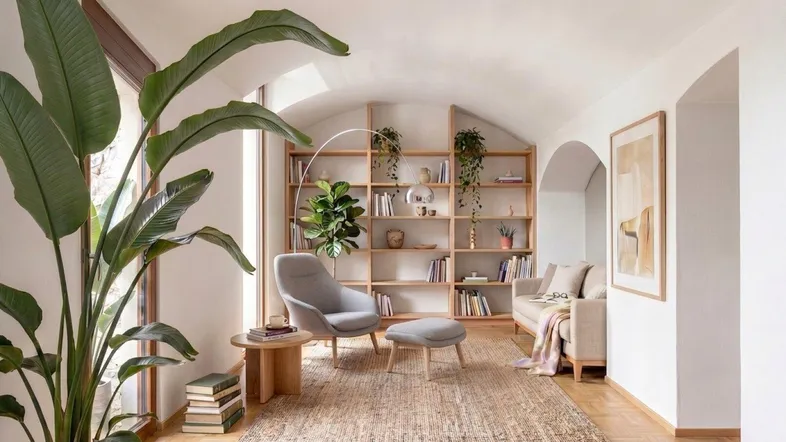 Helles Wohnzimmer mit Holzboden, Bücherregal und gemütlicher Sitzecke unter einer Dachschräge.