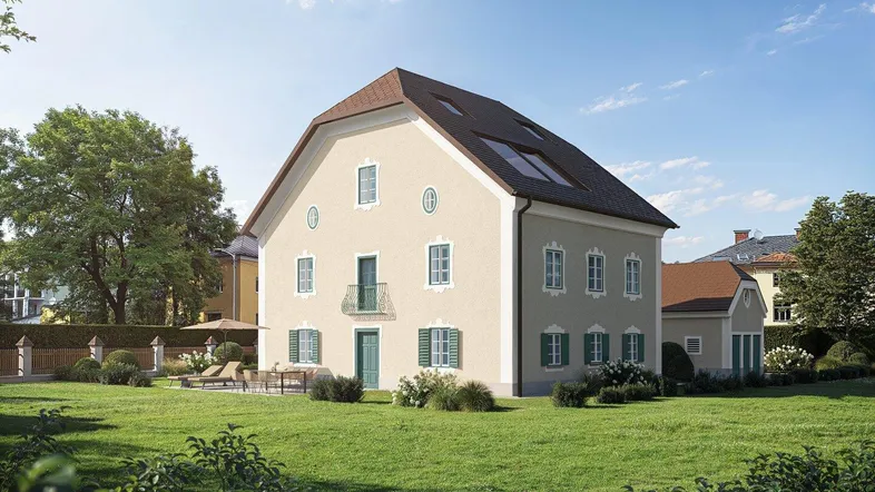 Visualisierung eines historischen Gebäudes mit großem Garten und gepflegter Außenanlage.