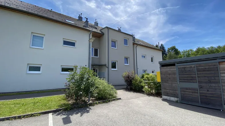 Ansicht des Mehrfamilienhauses von außen mit Eingangsbereich, Grünflächen und Parkplatz.