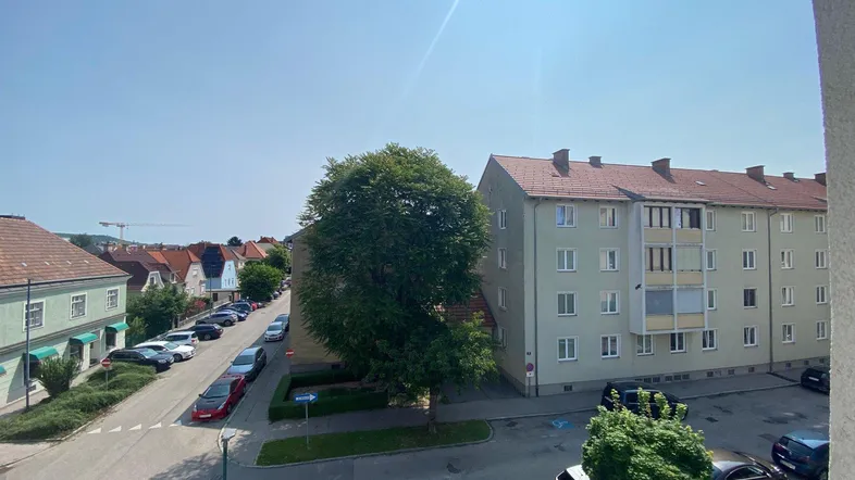 Blick aus dem Fenster auf eine ruhige Wohnstraße mit geparkten Autos und älteren Gebäuden unter blauem Himmel.