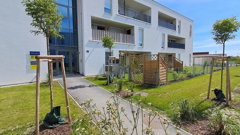 Moderne Wohnanlage mit weißer Fassade, Balkonen und jungen Bäumen in der Grünanlage.