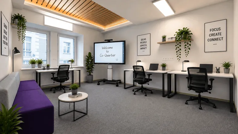 Moderner Co-Working-Bereich mit mehreren Arbeitsplätzen, bequemer Couch und großem Bildschirm für Präsentationen.