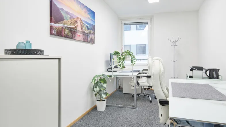Helles und modernes Büro mit einem Schreibtisch, Bürostuhl und Pflanzen, ideal für konzentriertes Arbeiten.