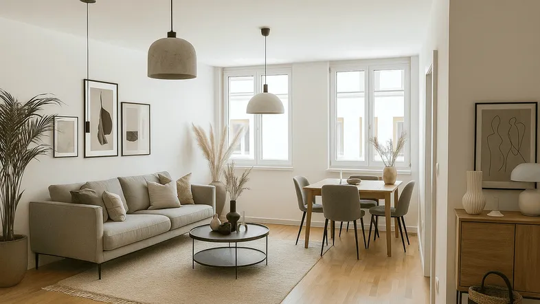 Helles, modern eingerichtetes Wohn-Esszimmer mit Holzboden und großen Fenstern, ideal für entspannte Stunden.