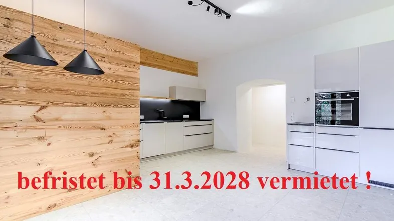 Moderne Küche mit hellen Schränken, integriertem Backofen und einer Holzwand als Akzent.