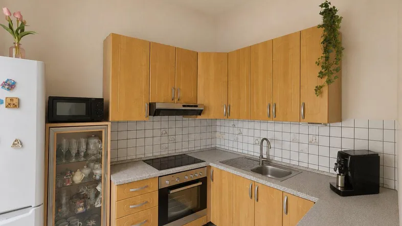 Funktionale Küche mit hellen Holzschränken, weißem Fliesenspiegel und integrierten Geräten.