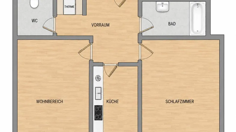 Grundriss der Wohnung mit separatem WC, Bad, Wohnbereich, Küche und Schlafzimmer.